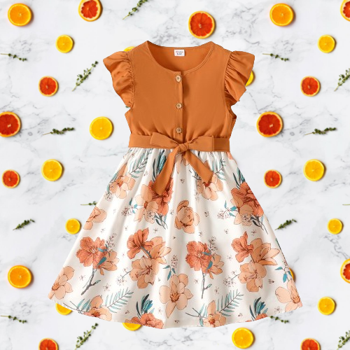 Ruffle Floral Print Dress with Belt and Flutter Sleeves for Elegant Parties
