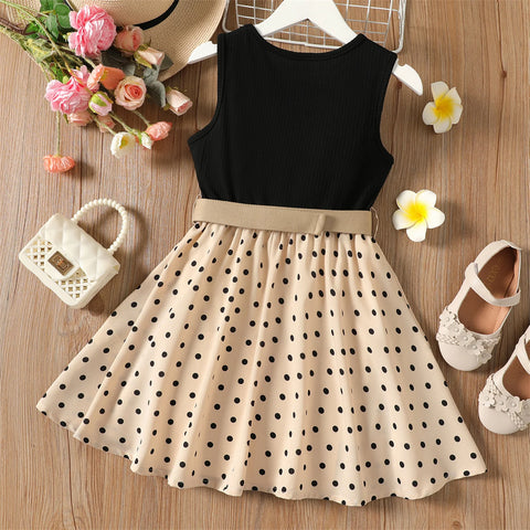Sleeveless Ribbed Polka Dot Belted Dress for Girls