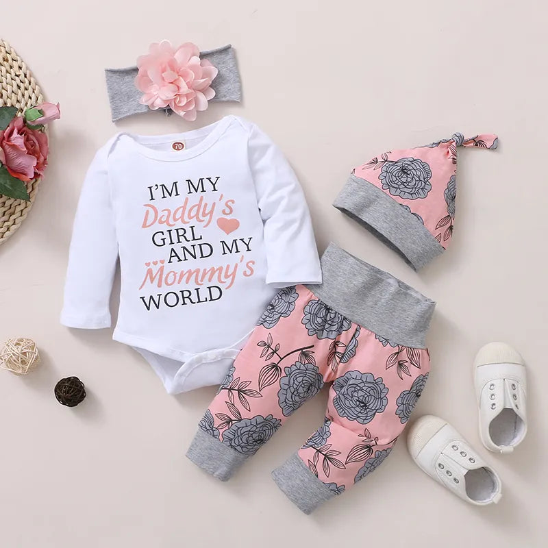 0-18 Months Baby Girl Clothing Long Sleeve Romper Rose Pant with Hat & Headband Spring 4PCS Outfit Toddler Girl Clothes
