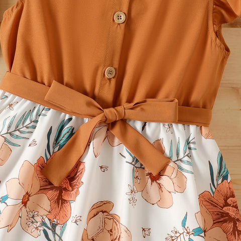 Ruffle Floral Print Dress with Belt and Flutter Sleeves for Elegant Parties