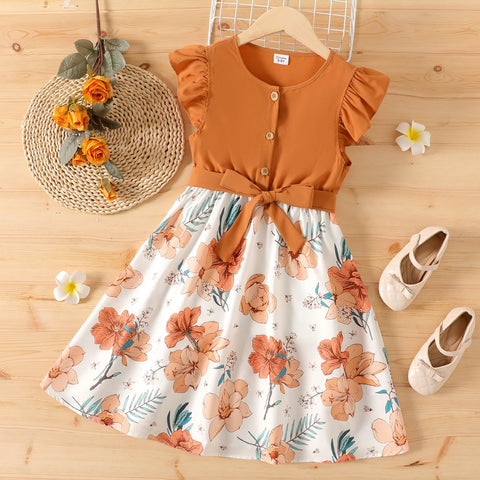 Ruffle Floral Print Dress with Belt and Flutter Sleeves for Elegant Parties