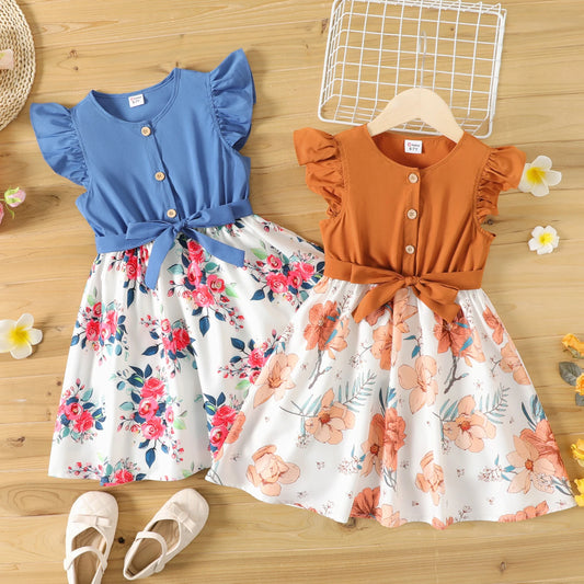Ruffle Floral Print Dress with Belt and Flutter Sleeves for Elegant Parties