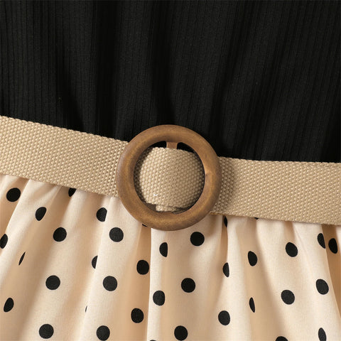Sleeveless Ribbed Polka Dot Belted Dress for Girls