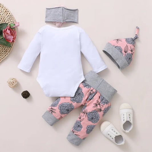 0-18 Months Baby Girl Clothing Long Sleeve Romper Rose Pant with Hat & Headband Spring 4PCS Outfit Toddler Girl Clothes