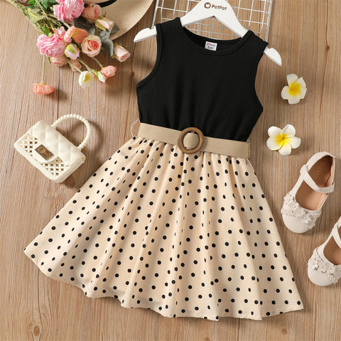 Sleeveless Ribbed Polka Dot Belted Dress for Girls