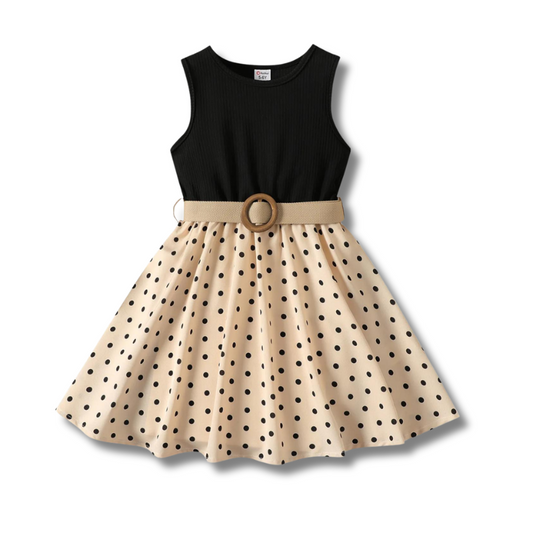 Sleeveless Ribbed Polka Dot Belted Dress for Girls